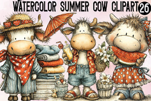 Watercolor Summer Cow Clipart,, an Illustration by SVGArt