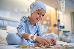Child engaged in playful activity while recovering in a hospital room during da, a Photo by AlyaAnd