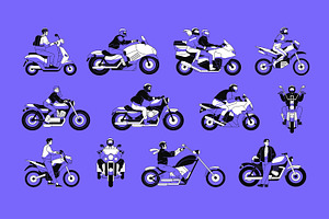 Bikers on motorcycles set, pattern, a Transportation Illustration by PaperTrident