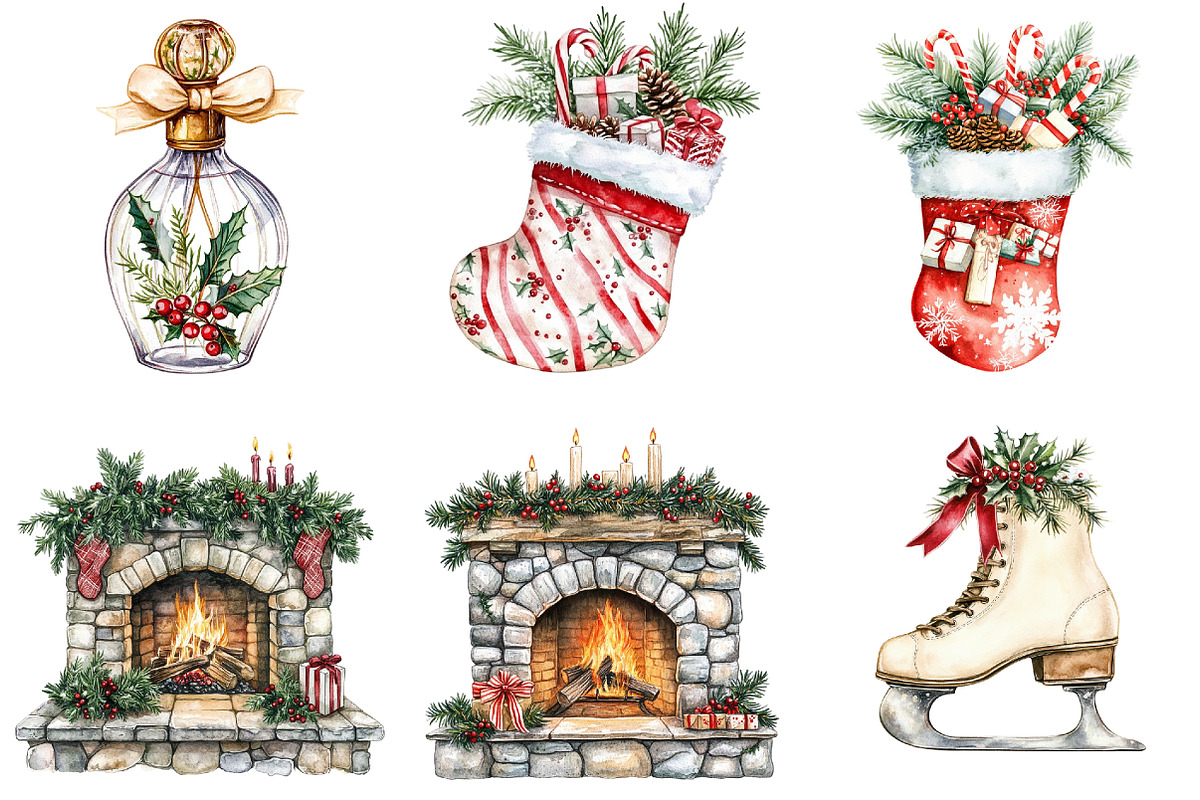Antique Christmas Watercolor Clipart, a Seasonal Illustration by CitraGraphics (Photo 6 of 6)