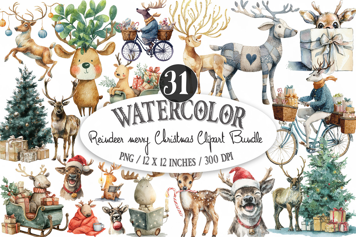 Reindeer Merry Christmas Clipart Bun, an Illustration by Designking (Photo 1 of 4)