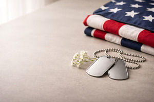 Dog tags and flowers on table with f, a Photo by Dvoevnore photos
