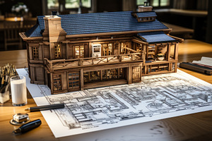 House model and architectural plans on table. Architectural conc, an Architecture Photo by AS photostudio