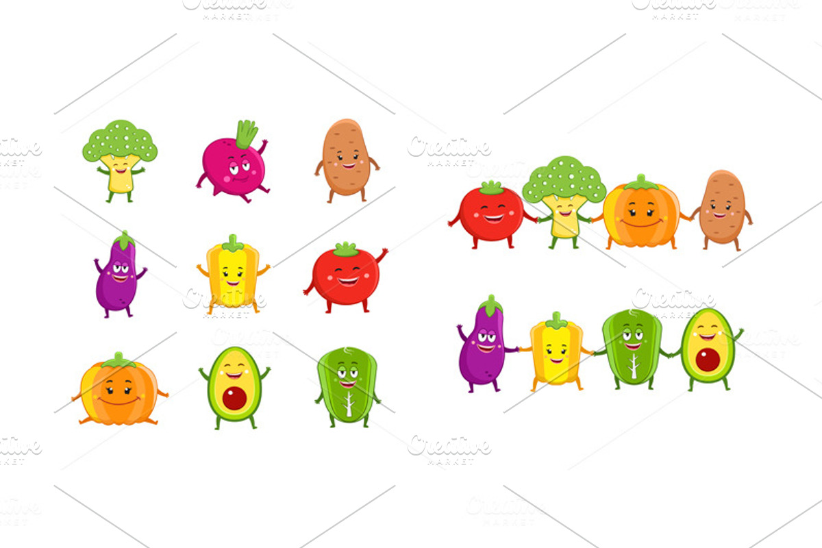 Funny vegetables characters set, a Food Illustration by Teneresa