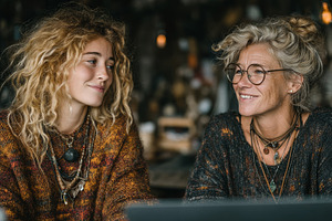 Two women enjoying a conversation in a cozy and warm artistic setting, a Person Photo by AS photostudio