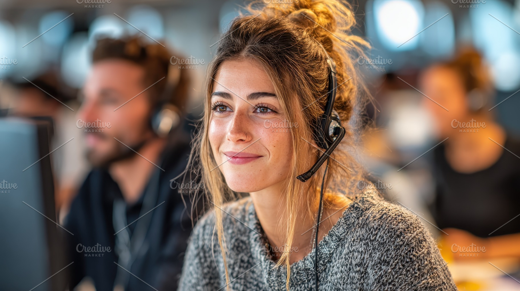 Smiling woman in headset at office c, a Photo by Pixeness Studio
