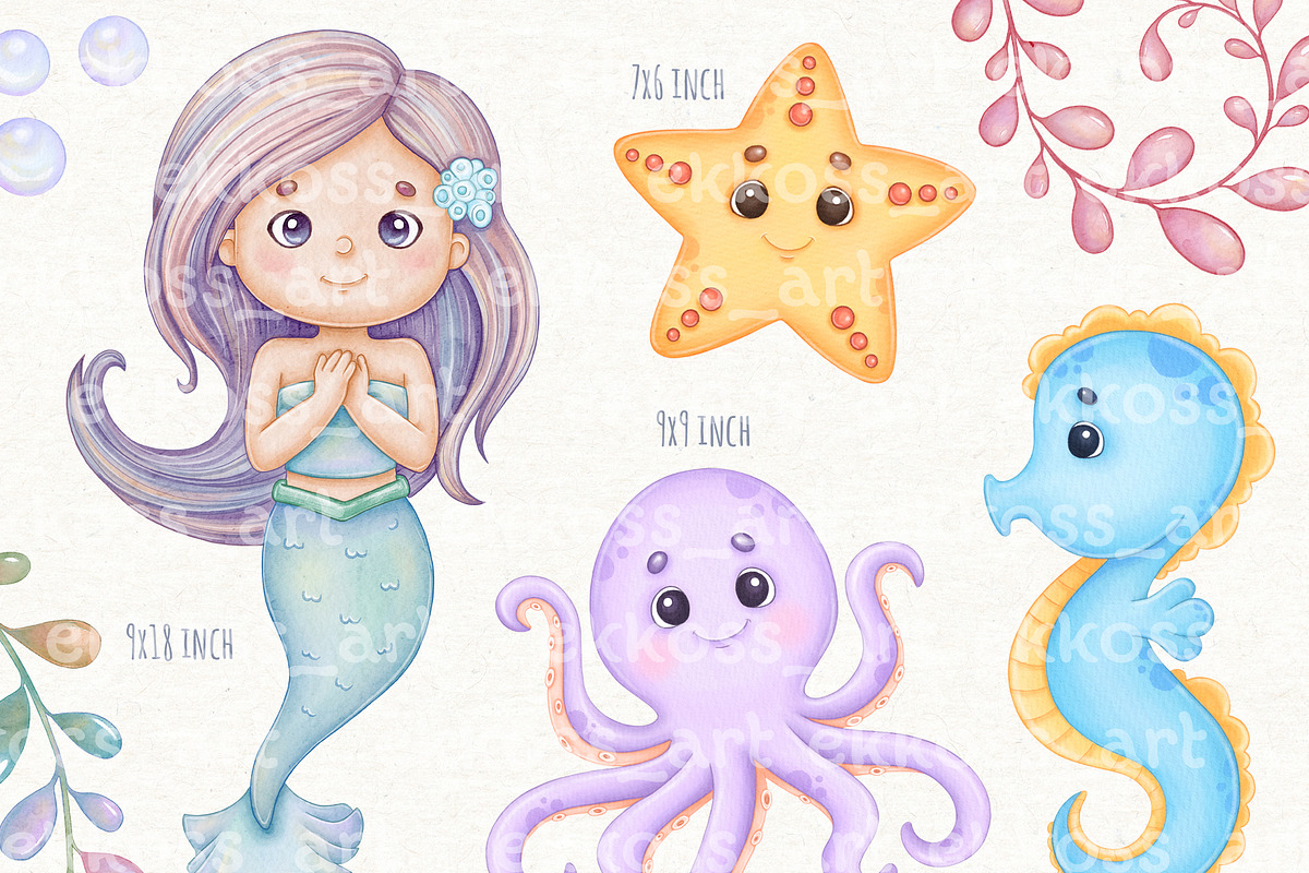 Little Mermaid Watercolor Clipart, an Animal Illustration by ekossa_art (Photo 3 of 5)