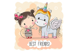 Cute Cartoon Girl And Unicorn