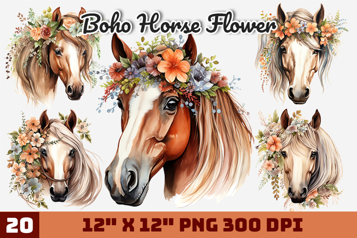 Boho Horse Flower Watercolor, an Illustration by Gemstone (Photo 1 of 12)
