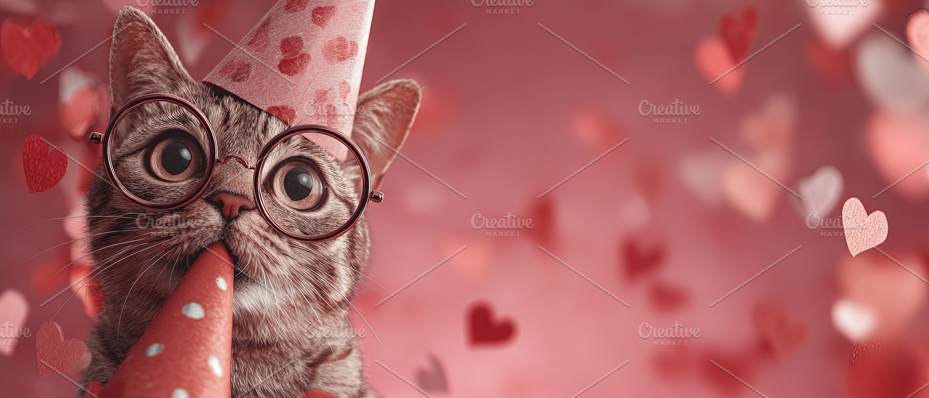 Adorable tabby cat wearing glasses and a party hat, surrounded b, an Abstract Photo by Ales Munt