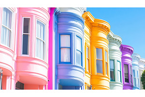 Row of brightly painted Victorian, an Architecture Photo by Lermont51