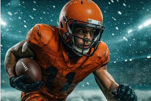 A focused American football player, an Illustration by Sergey Kotenev