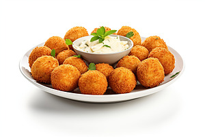 Crispy cheese balls with sauce on white background, a Food & Drink Photo by AlyaAnd