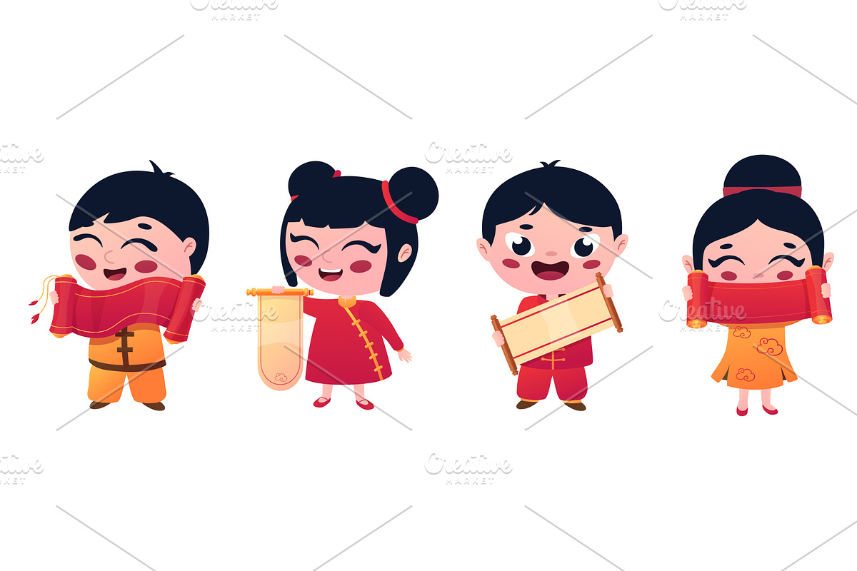 Asian children with scrolls. Funny, an Illustration by LadadikArt