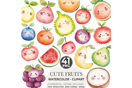 Cute Fruits Clipart Watercolor PNG