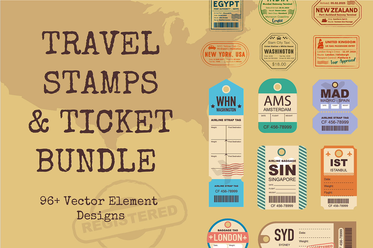 Vintage Travel Ticket & Stamp Pack, an Object Graphic by Lettering_Logo (Photo 1 of 7)