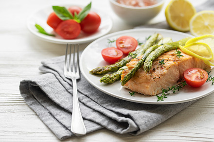 Baked Delicious salmon, green asparagus on  plate, a Food & Drink Photo by Olena Rudo