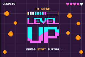 Level up screen. Retro pixel arcade, a Technology Illustration by Stock-Smart-Start