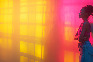 Stylish Woman Posing In Vibrant Neon Light Setting