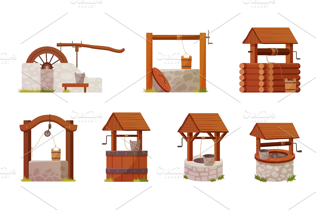 Water wells wooden stone rural deep, an Animal Illustration by Lemberg Vector