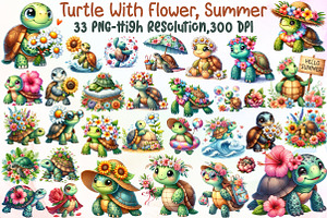 Turtle With Flower, Summer Clipart, an Illustration by Sublimation Artist