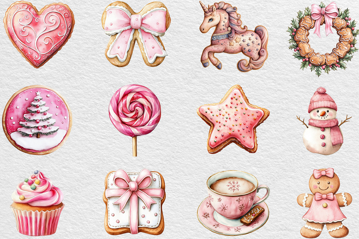 Watercolor Pink Gingerbread Clipart, an Illustration by Black Bird Studio (Photo 4 of 6)