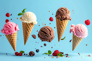 Floating Ice Cream Cones on Blue Background, a Food & Drink Photo by Davizro's Market