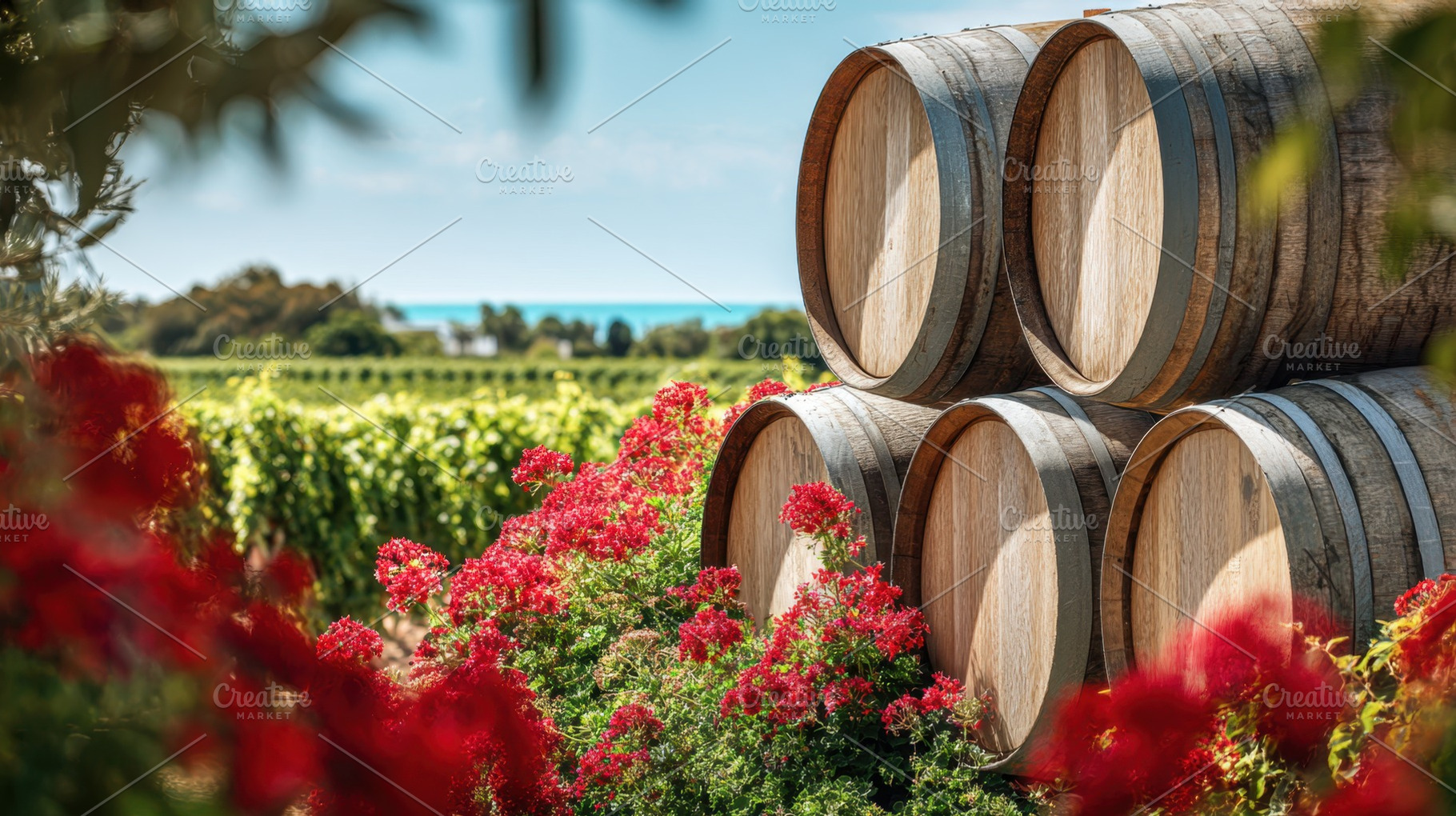 Barrels and flowers in a vineyard, a Photo by Beautiful things