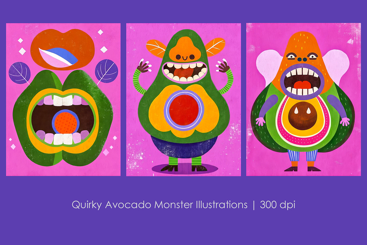 Quirky Avocado Monster Illustrations, a Decorative Illustration by StockVerse Creative (Photo 1 of 4)