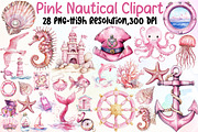 Watercolor Pink Nautical Clipart, an Illustration by Sublimation Artist (Thumbnail 1 of 6)