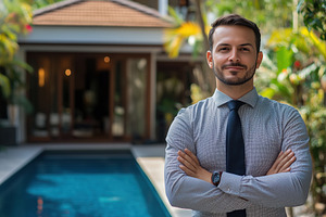 A confident realtor man in a gray dress shirt and tie stands with arms crossed, a Person Photo by Textures & Backgrounds