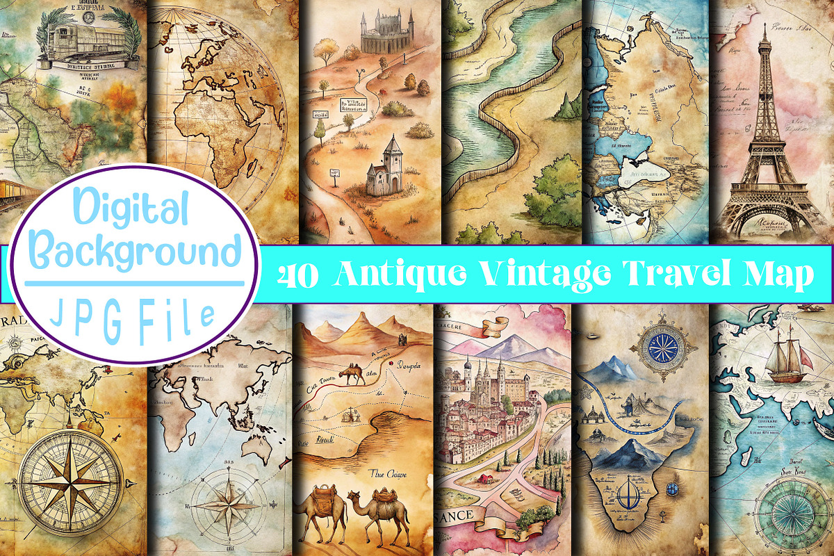 Antique Vintage Travel Map Digital, a Background Photo by Wow Magic (Photo 2 of 2)