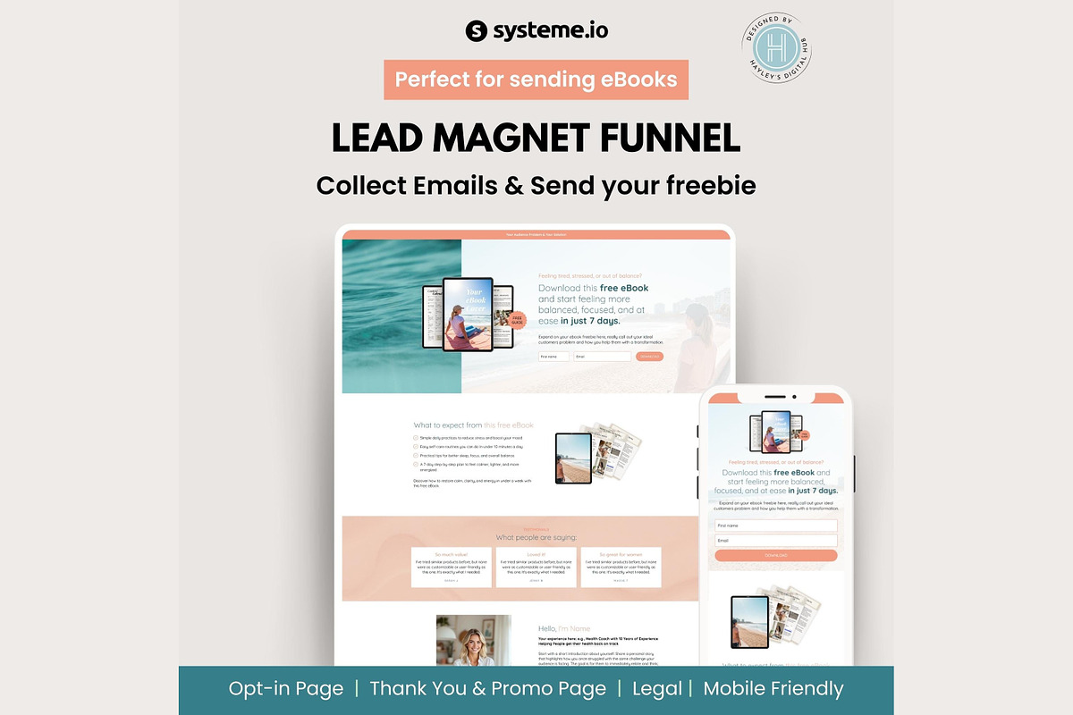 Systeme.io Calypso Peach Lead Funnel, a Landing Page Template by Hayley's Digital Hub (Photo 1 of 9)