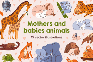 Cute Baby And Mother Animals Set