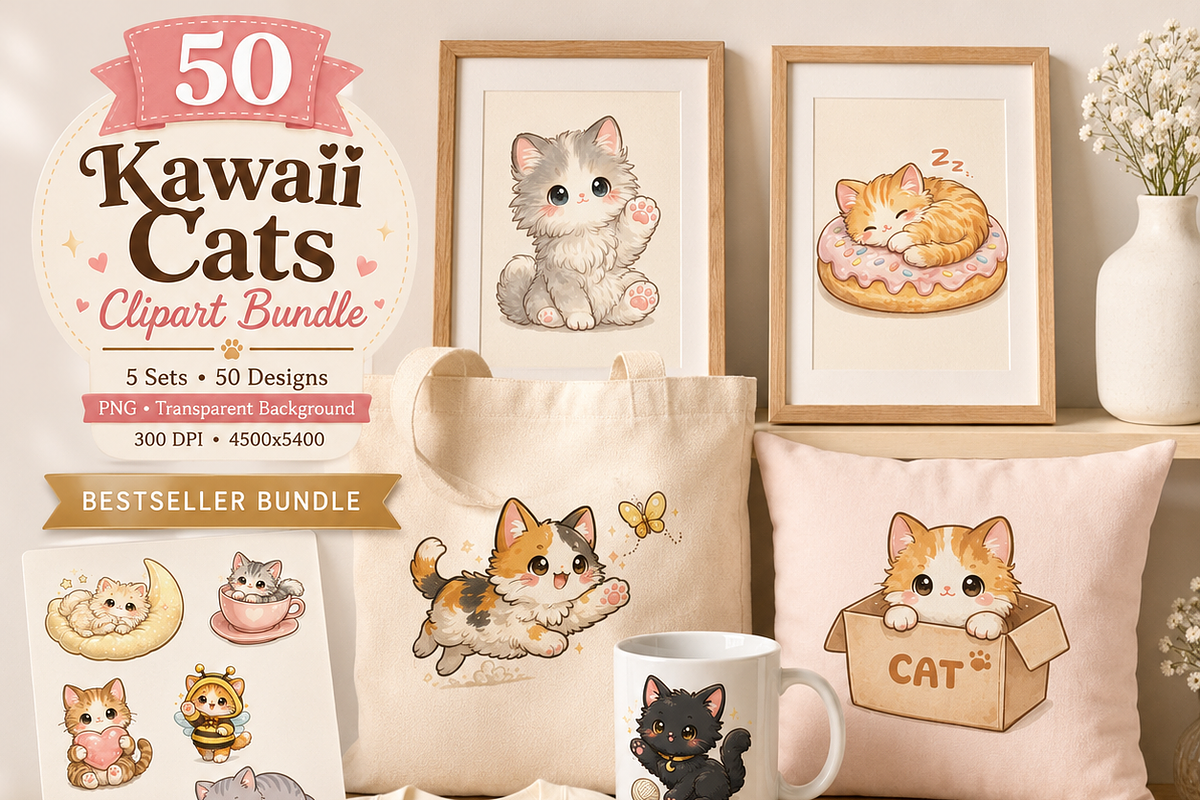 Kawai cat clipart bundle, an Object Illustration by HeavensStar (Photo 1 of 9)