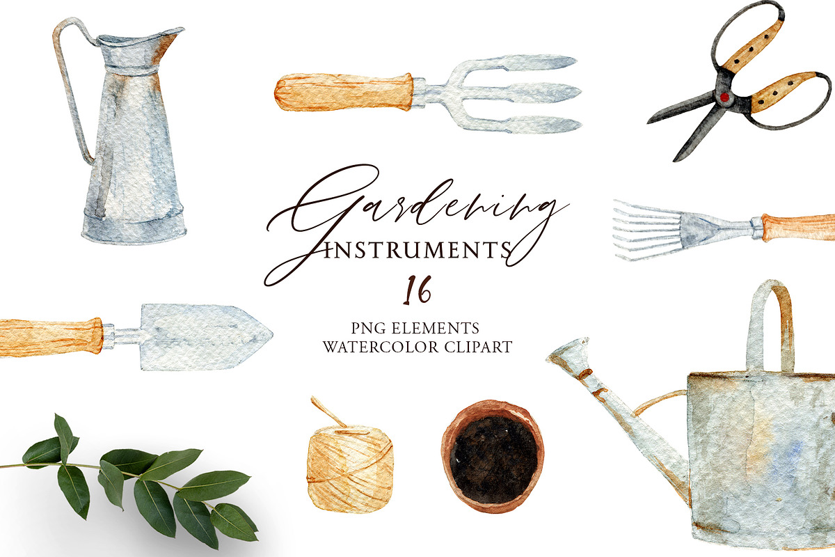 Watercolor Gardening Tools Set, an Object Graphic by NiKO (Photo 1 of 4)
