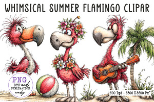 Whimsical Summer Flamingo Clipart, an Illustration by CreationArt