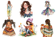 Watercolor Boho Girls Clipart, an Illustration by Designworld (Thumbnail 2 of 6)