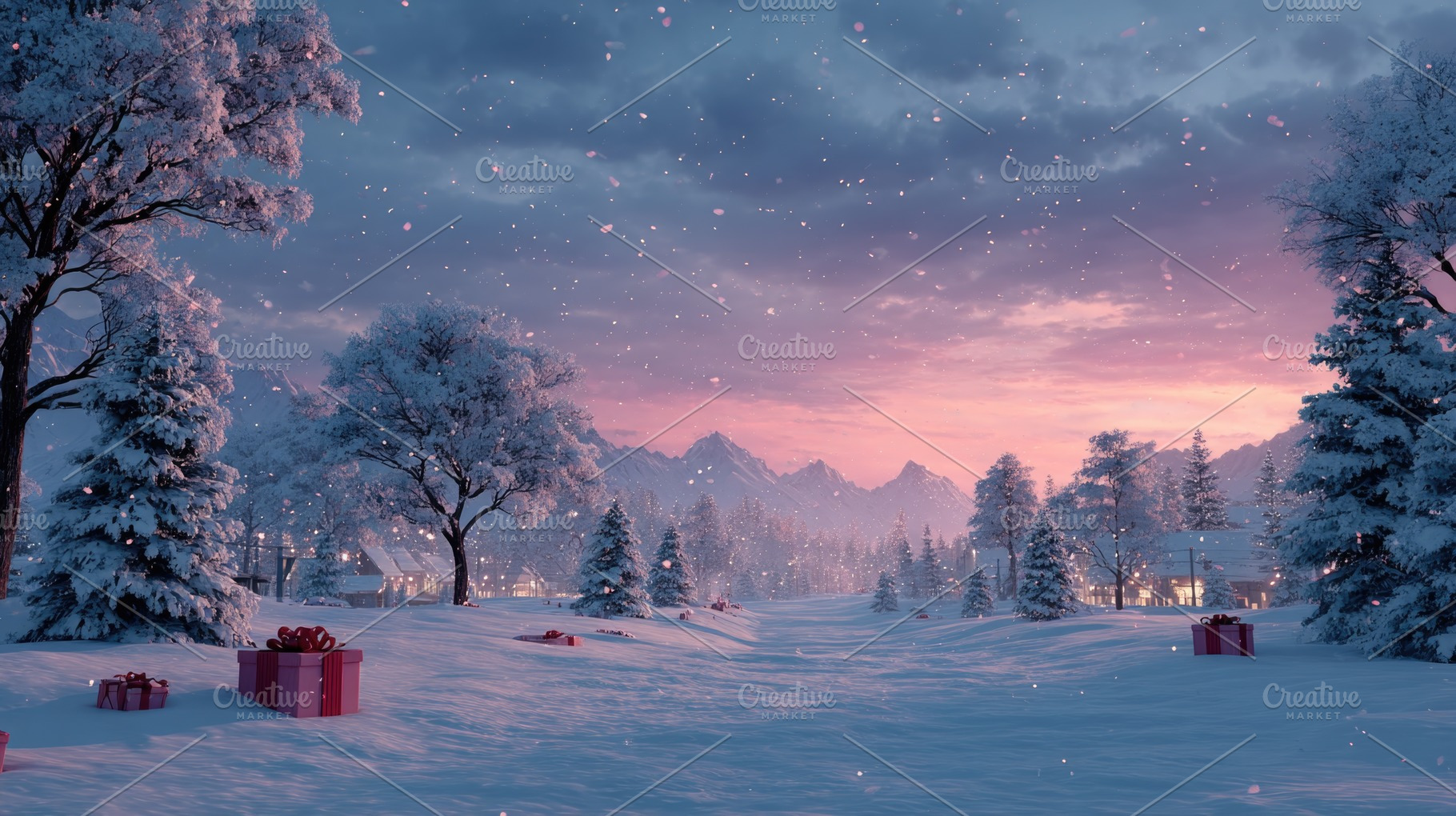 Magical Snowy Christmas Village Landscape with Gifts, Pink Sunse, a Background Photo by José Manuel Gelpi