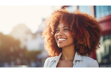Smiling Adult Black Woman with Red, a Person Photo by Visual Generation