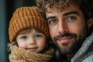 Smiling man with child in winter hat, a Photo by Tanuart