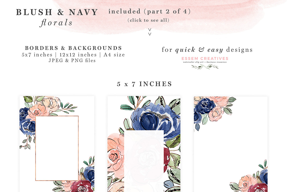 Blush and Navy Watercolor Flowers, a Texture Illustration by Essem ...
