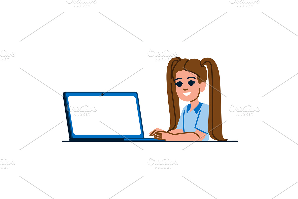Smiling student girl using laptop, an Education Illustration by pikepicture