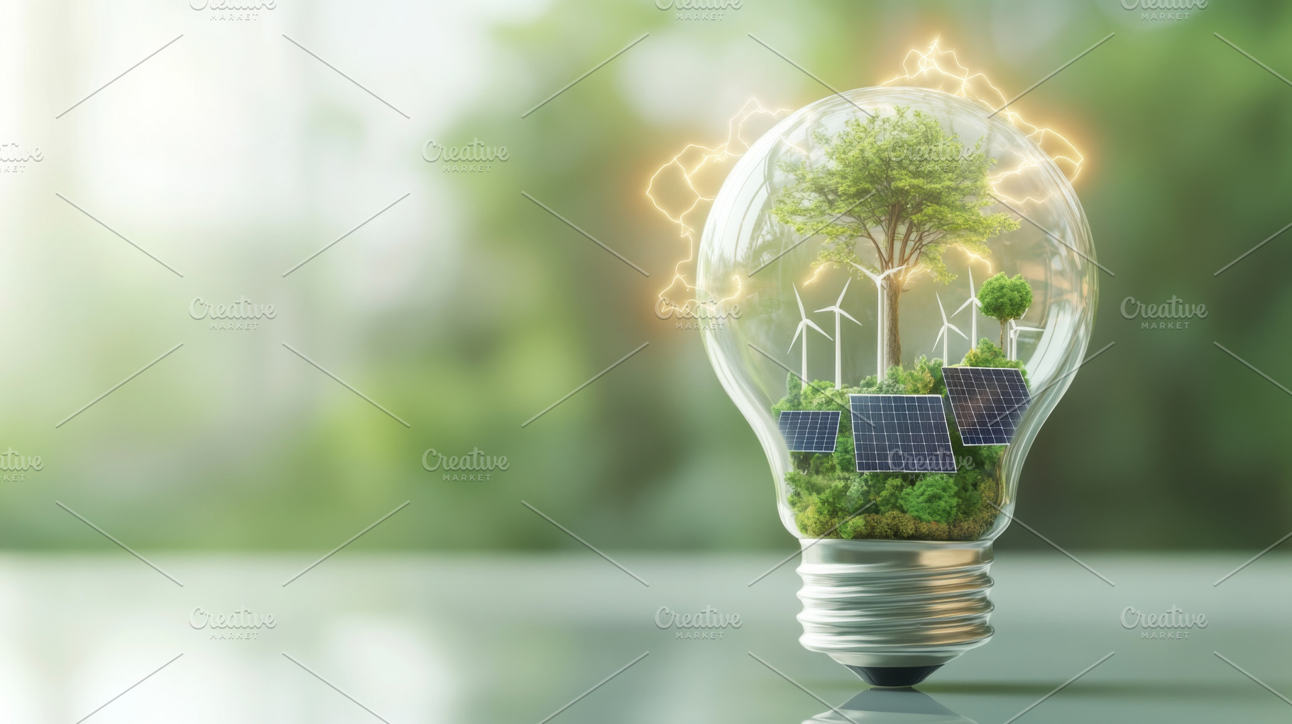 Eco concept for earth day with lightbulb, wind turbines and sola, a Photo by Dvoevnore photos