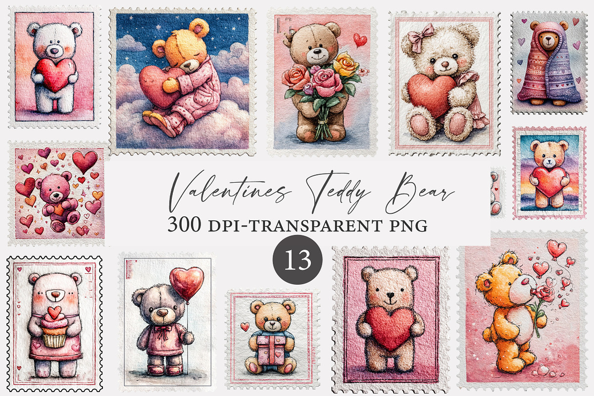 Valentines Teddy Bear Postage Stamps, an Illustration by Designworld (Photo 1 of 4)