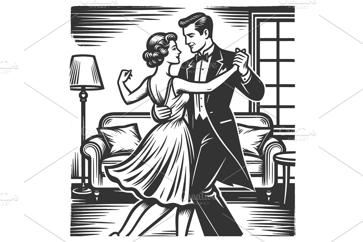 Elegant Couple Dancing in Living, a Person Illustration by AlexArt