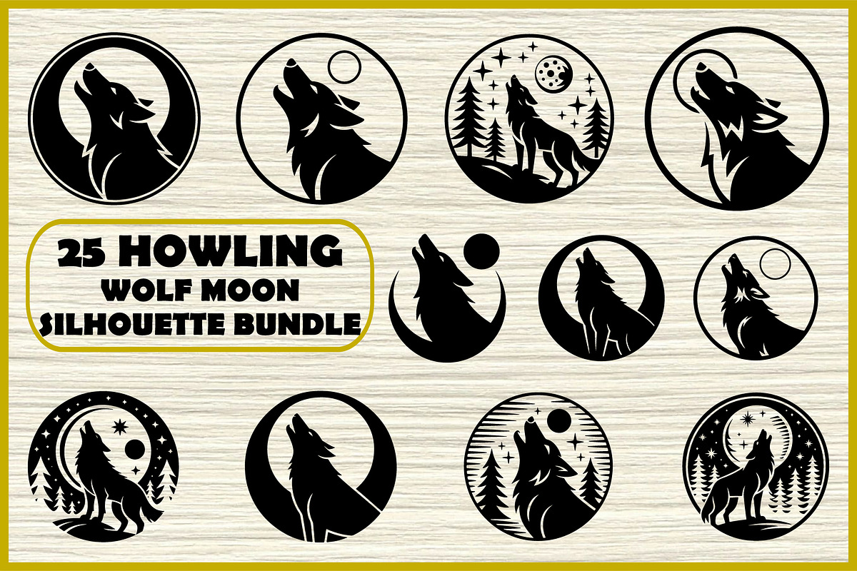 25 Howling Wolf Moon Silhouette Set, an Animal Illustration by Artivon (Photo 1 of 4)