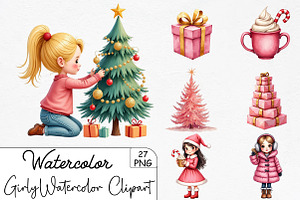 Girly Christmas Watercolor Clipart, an Illustration by CrexoraLab