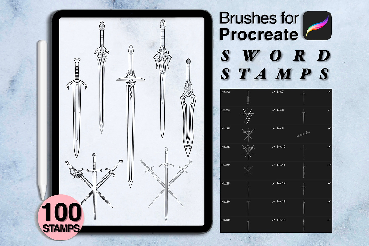 100 procreate sword stamps, a Brush Add-On by Arts For Peace (Photo 1 of 9)