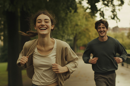 Happy couple jogging together in an autumn park